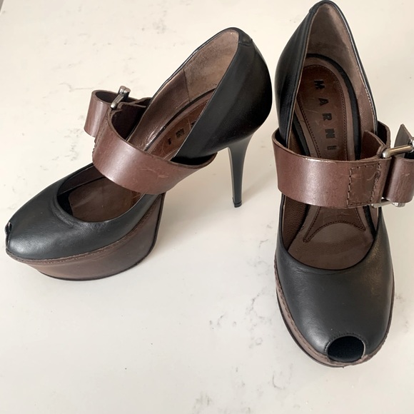 MARNI (Authentic!!) Black/Brown Leather Mary Jane Peep Toe Platform Heels - Picture 1 of 6